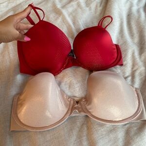 Set of bras from Victoria’s Secret-red and metallic pinky-nude